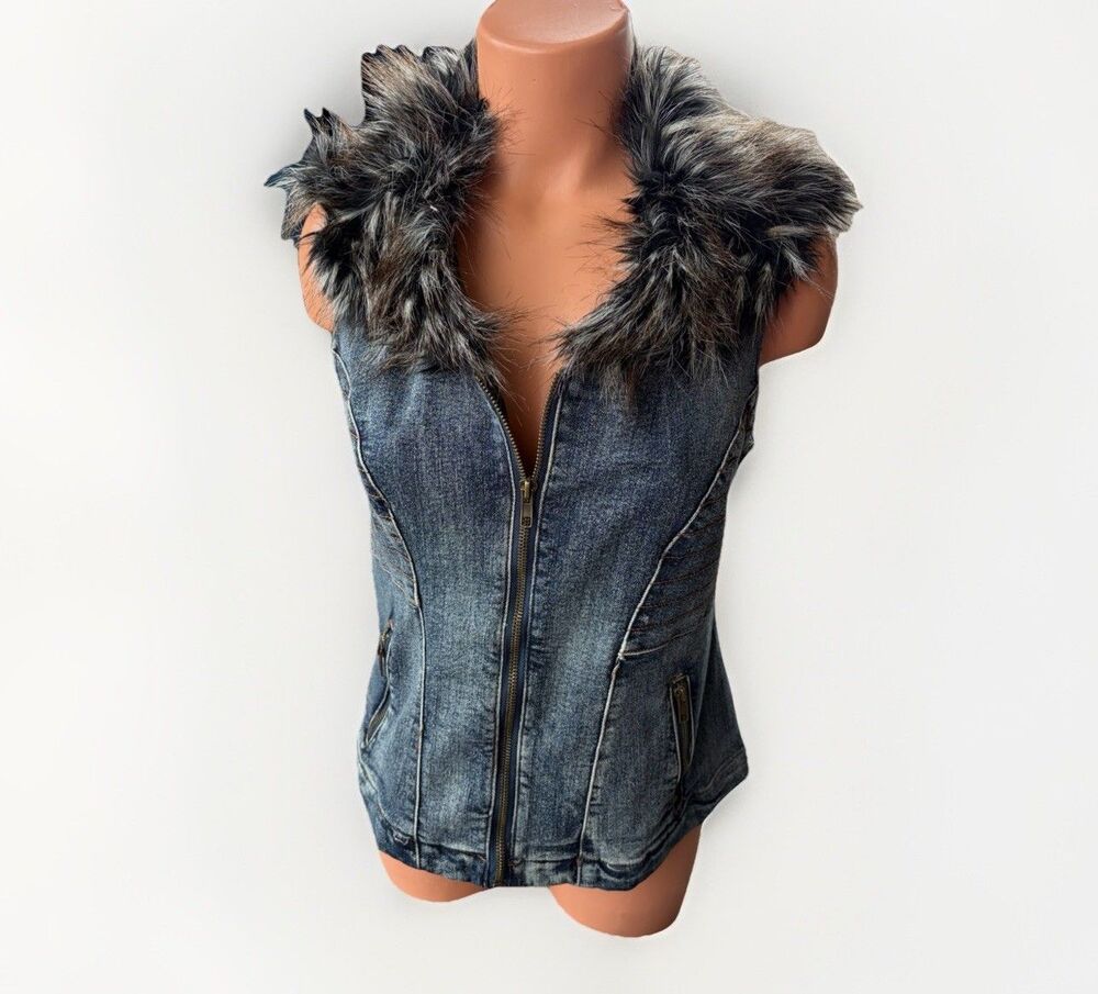 Live a Little Y2K Denim Vest Faux Fur Collar Blue Jean Gilet Zip Front Size S
